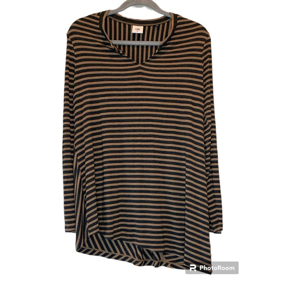 CAbi Brown Striped Slant T Shirt Tunic V Neck light long sleeve size M